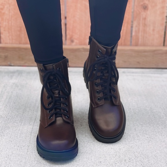 Brown Lace up Combat Boots - Picture 3 of 9